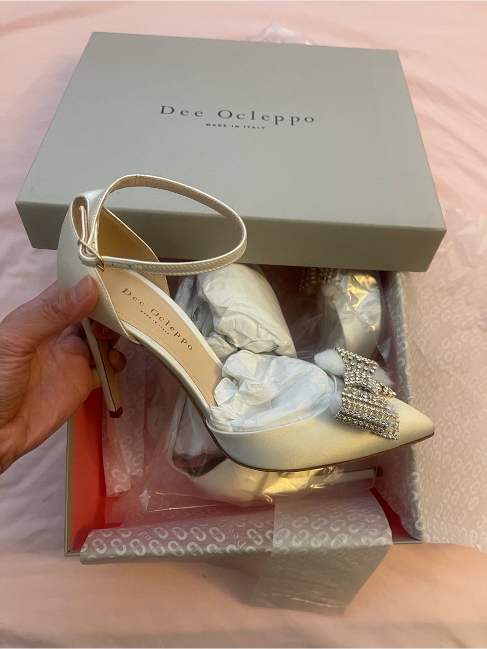 Dee Ocleppo Ivory Satin Ankle-Strap Pointed Heels with Crystal Bow Accent